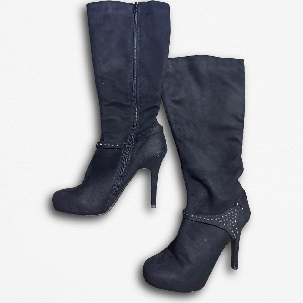 Madeline girl Women Black Faux Suede Studded Stiletto Knee High Boots Size 7.5 M